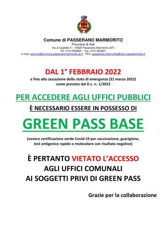 Accesso ai pubblici uffici con Green Pass base dal 1° febbraio 2022